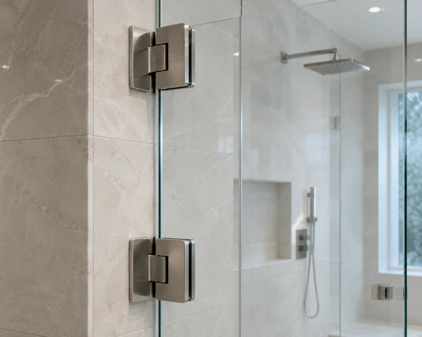 Heavy duty stainless steel shower door hinge installed on 10mm tempered glass