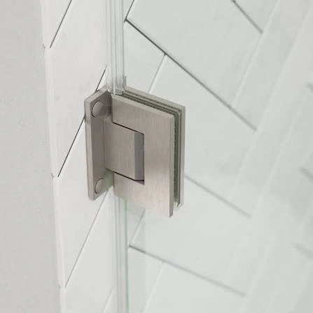 90 degree wall to glass brushed nickel frameless shower door hinge installed on tiled wall