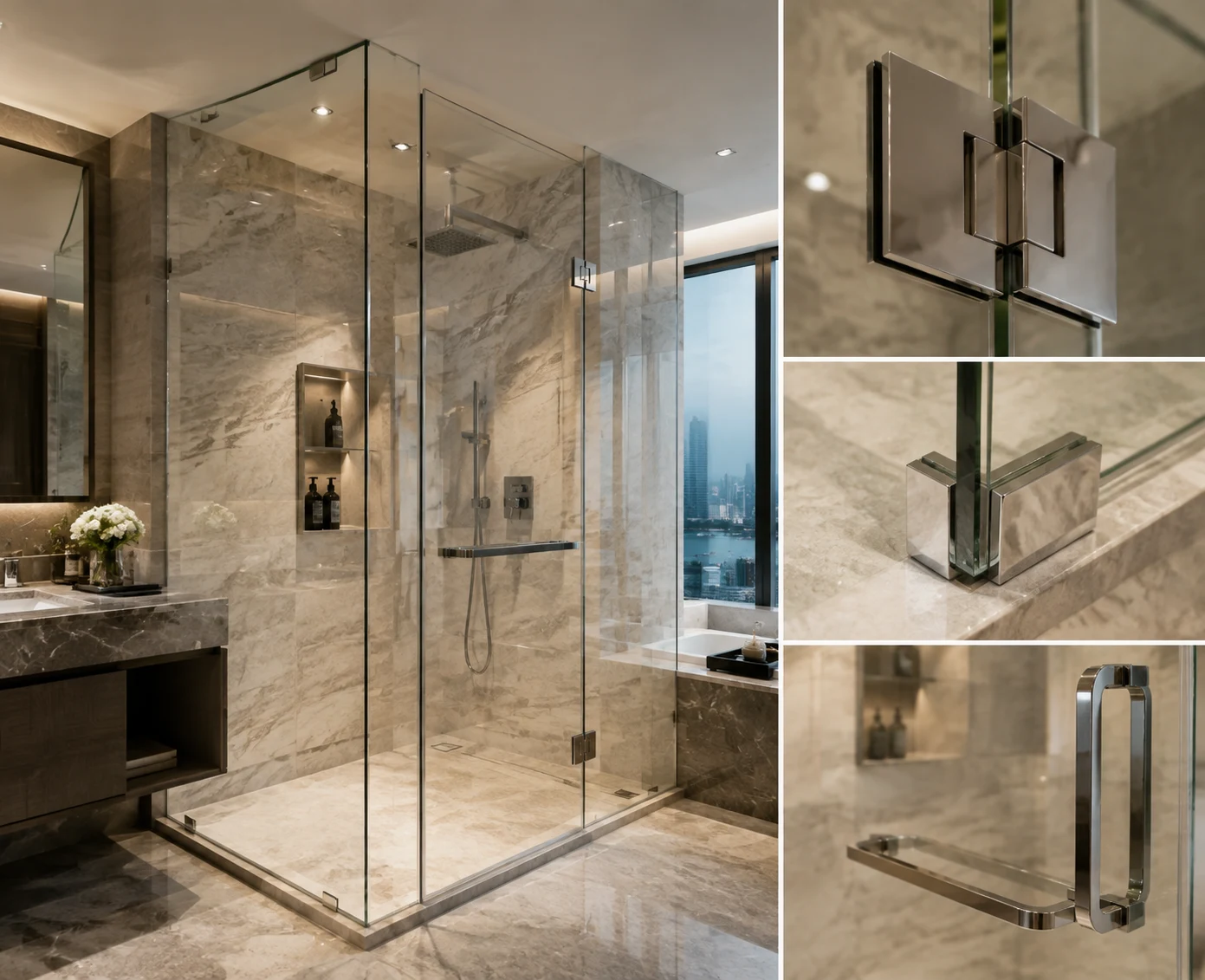 commercial frameless shower door hardware specification guide showing heavy duty brass hinges and clamps