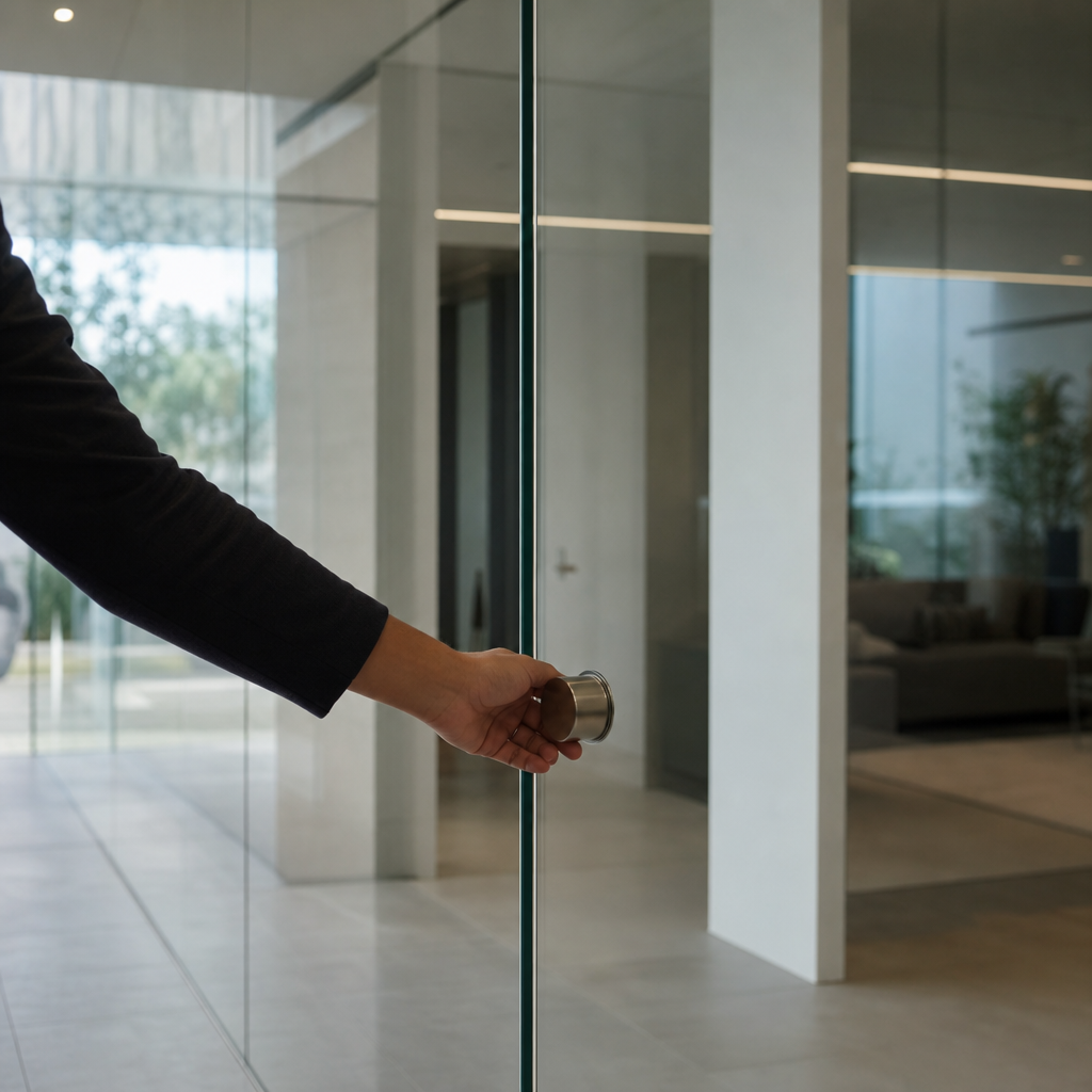 A hand turns a small round knob on a wide frameless glass door in a bright modern interior with soft natural light.
