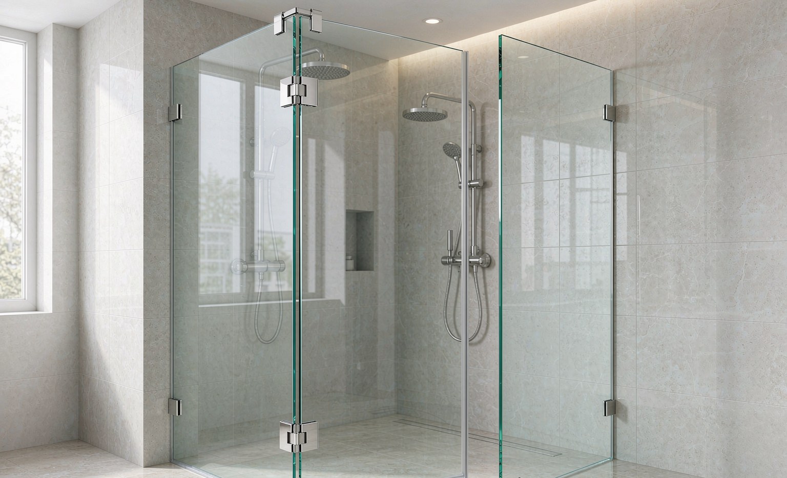 Frameless shower door in tempered glass on a tiled wall