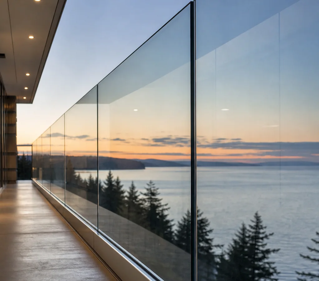 Frameless glass railing panels secured with a stainless steel base shoe channel along a modern balcony edge