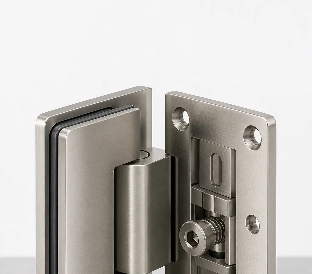 Brushed nickel frameless glass shower door hinge standing on a light grey studio surface