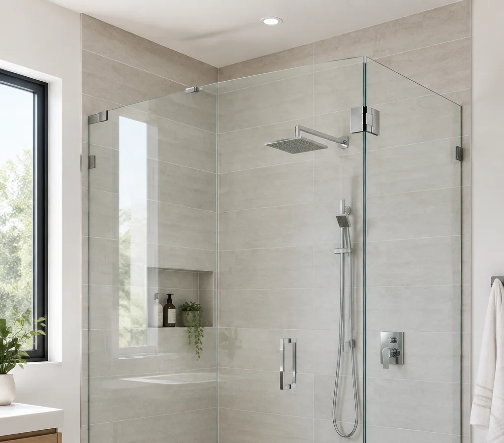 Frameless glass shower enclosure fixed with polished chrome clamps in a bright tiled bathroom