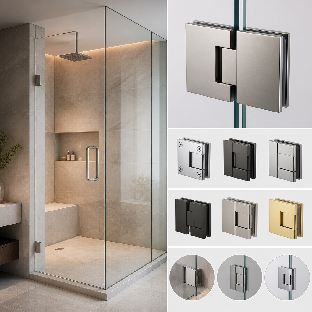 Diagram comparing types of frameless shower door hinges, including pivot hinges and glass door hardware options.