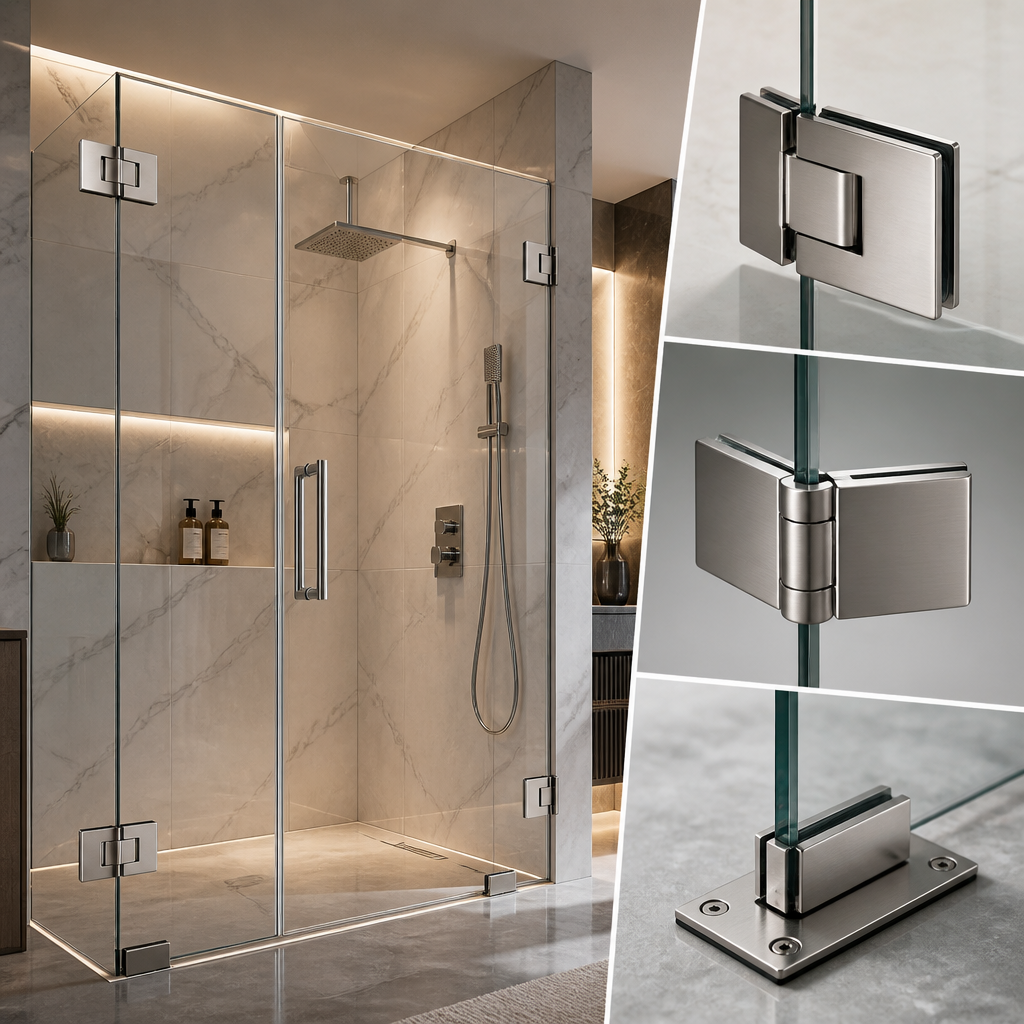 Diagram showing types of frameless shower door hinges: pivot, side mount, and clamp.