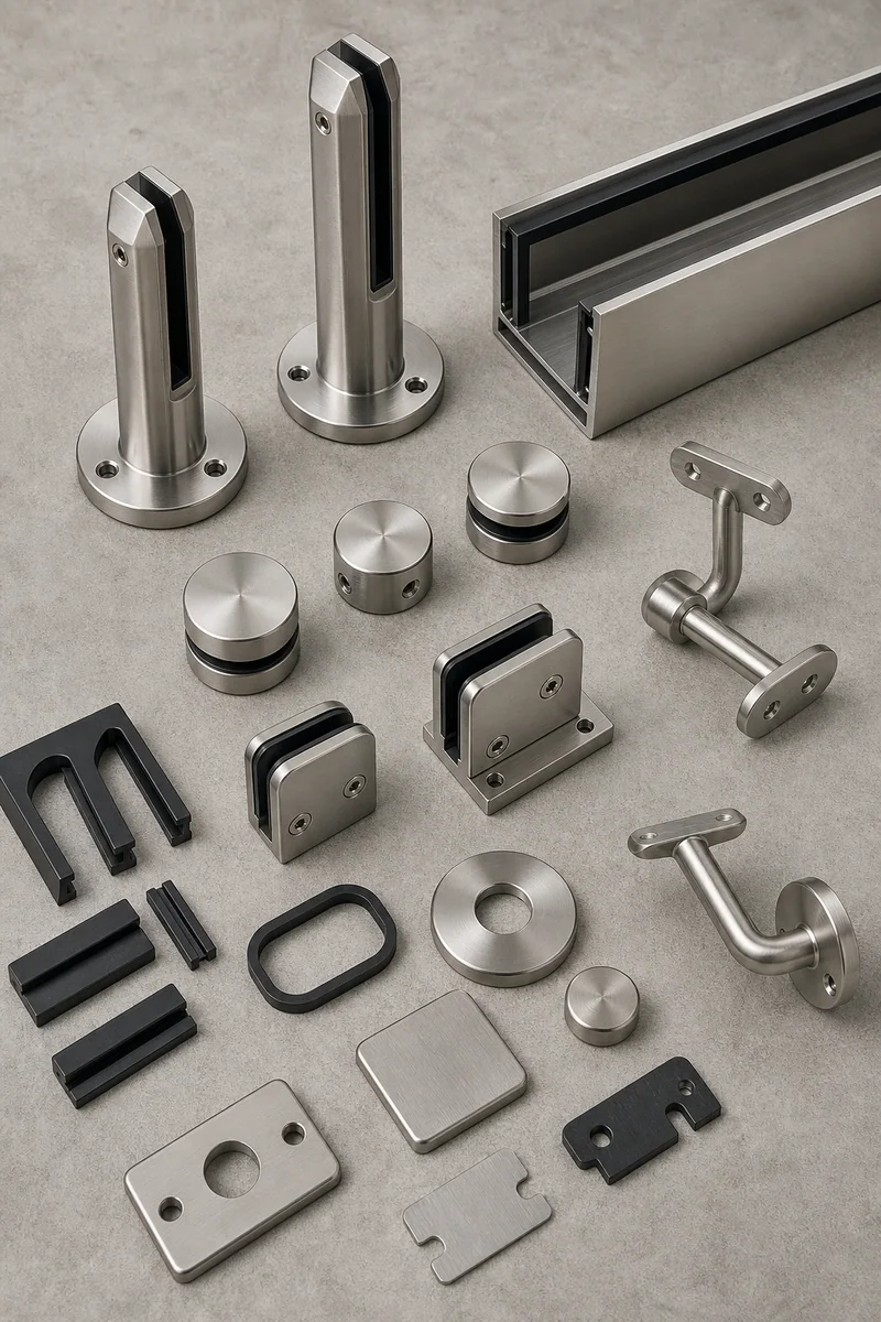 Stainless steel glass railing parts including spigots, base shoe channel, standoffs, clamps and handrail brackets laid out on a workbench