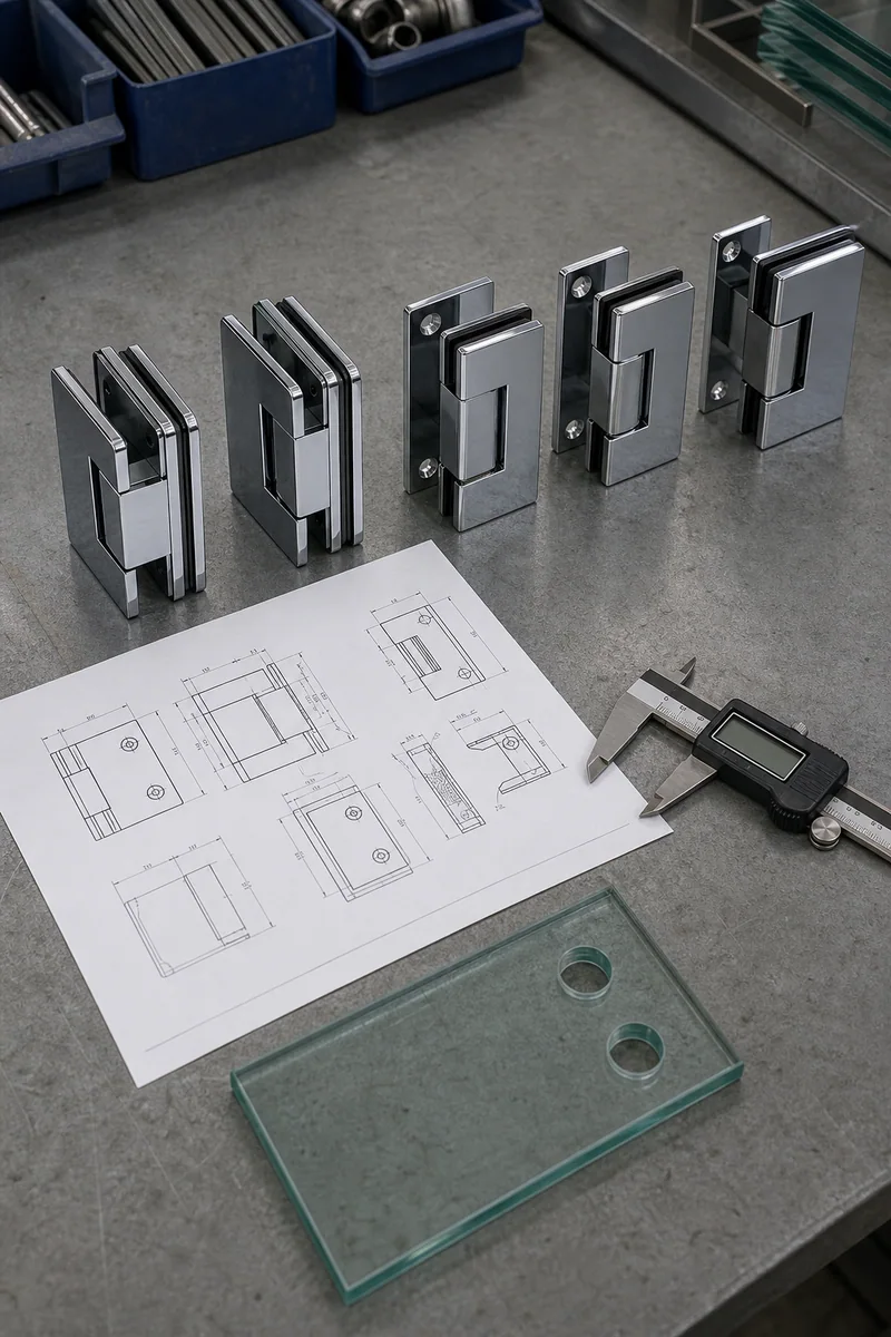 Frameless glass shower door hinges arranged on a workbench next to a technical drawing, calipers and a drilled glass sample