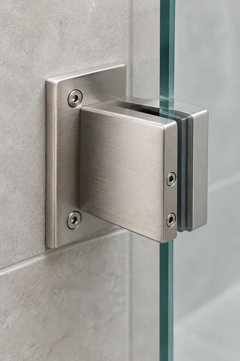 Stainless steel wall-to-glass bracket holding a clear glass shower panel against a tiled wall