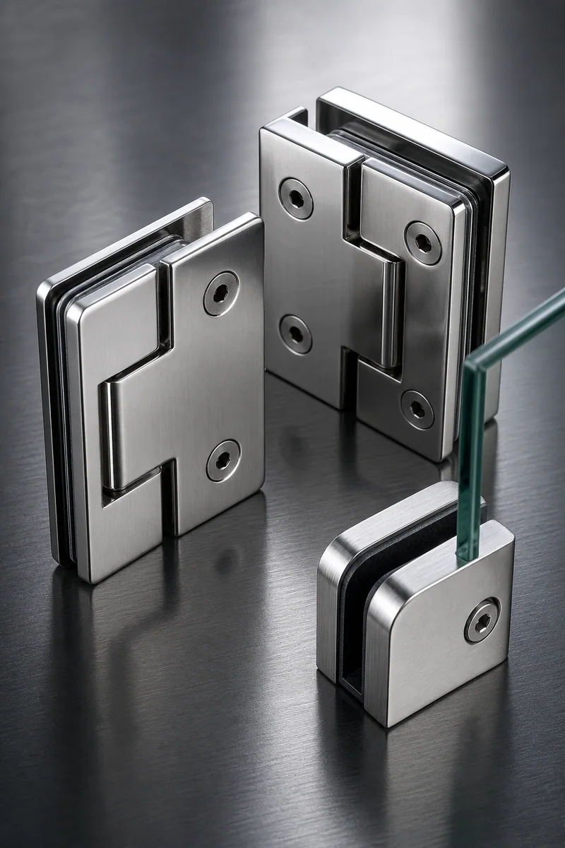 Polished stainless steel shower door hinges and a glass clamp on a brushed metal surface