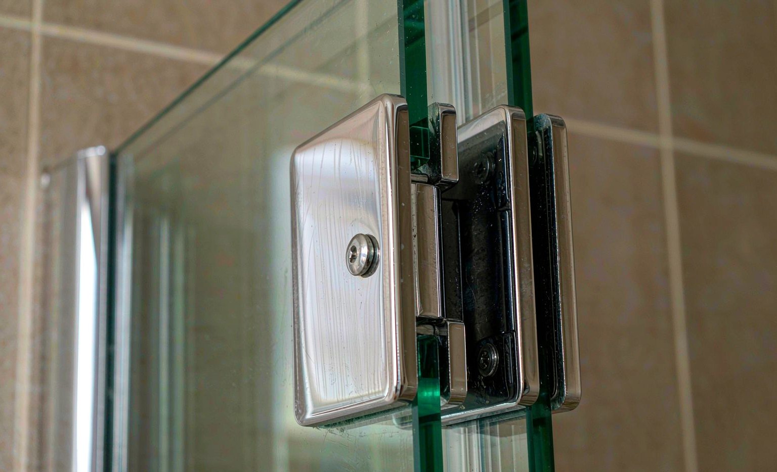Chrome stainless steel glass shower door hinge on tempered glass