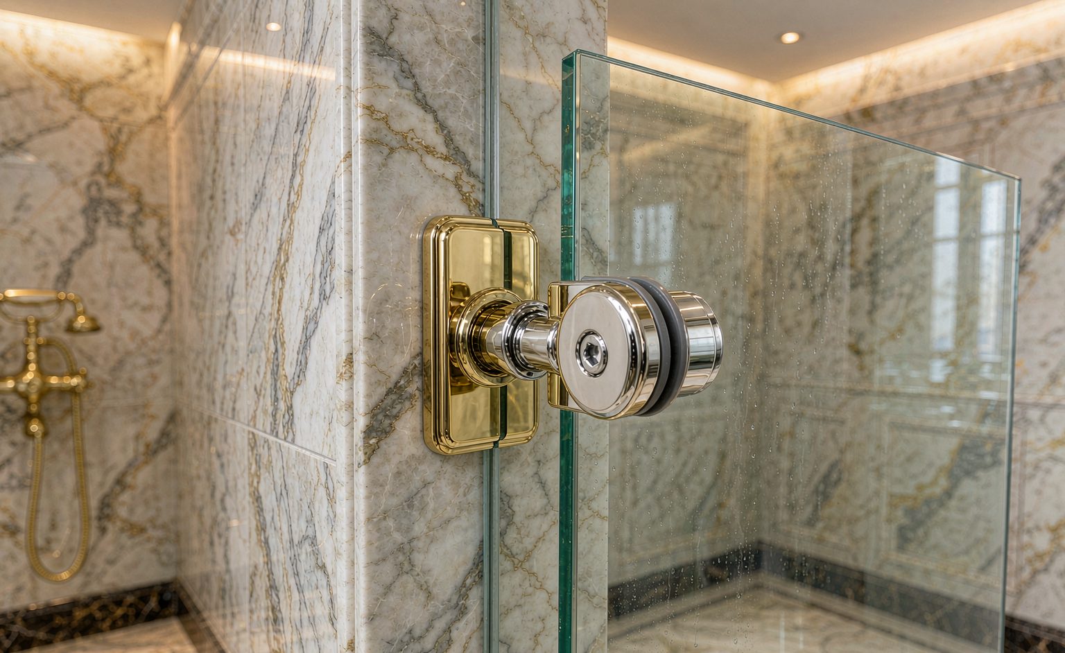 Soportes de cristal para duchas de latón y cromo sujetando un panel de ducha de cristal sin marco en un baño de mármol de estilo vintage
