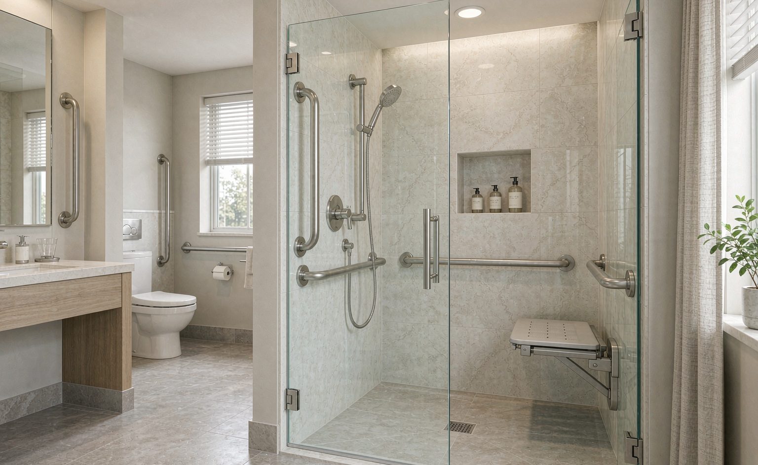 Commercial accessible shower with grab bars and frameless glass enclosure