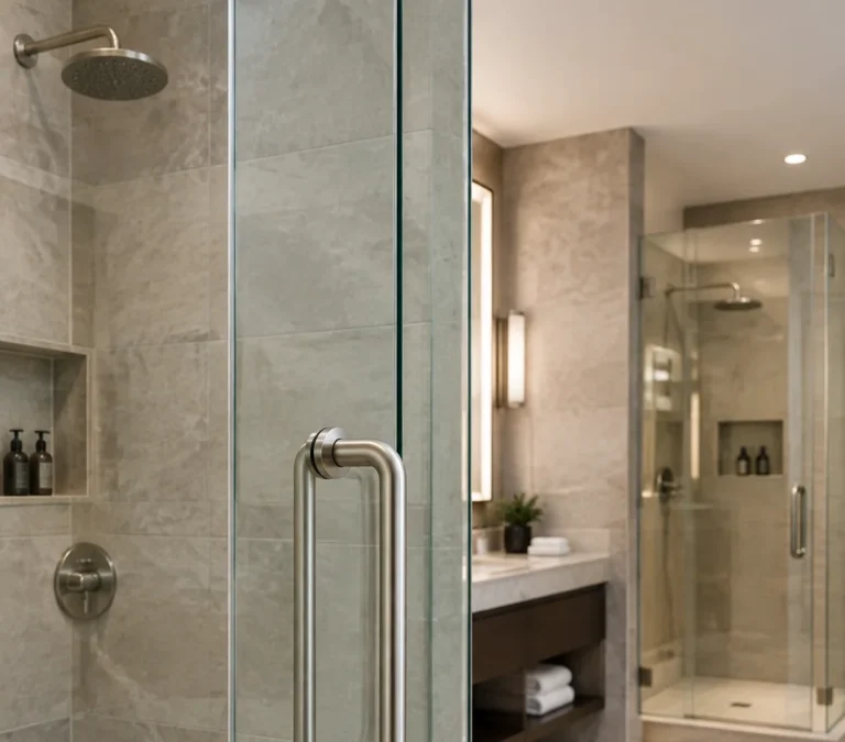 Tirador de puerta de ducha sin marco de acero inoxidable cepillado instalado en un recinto de ducha de cristal transparente en un baño de hotel contemporáneo