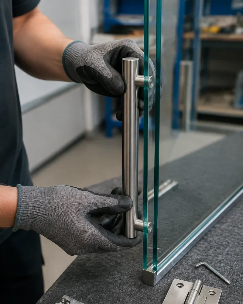 Gloved hands aligning a metal shower door handle on a frameless glass panel at a workbench
