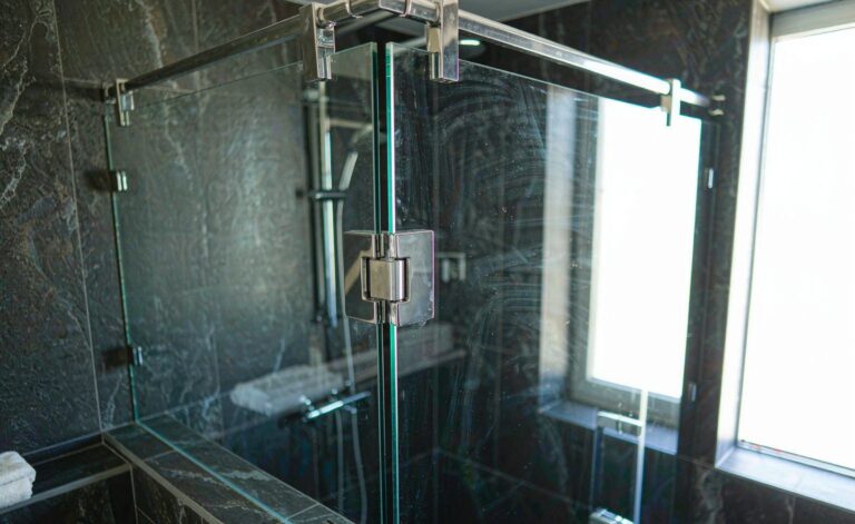 Frameless glass shower door with visible stainless steel hinges