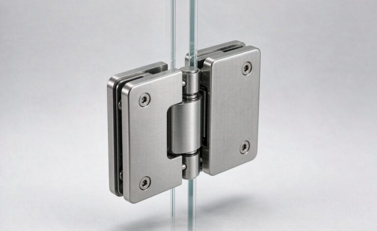 Soft-close frameless shower door hinge in brushed stainless finish