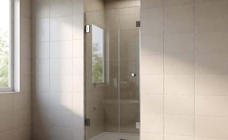 Frameless glass shower door mounted with two chrome hinges