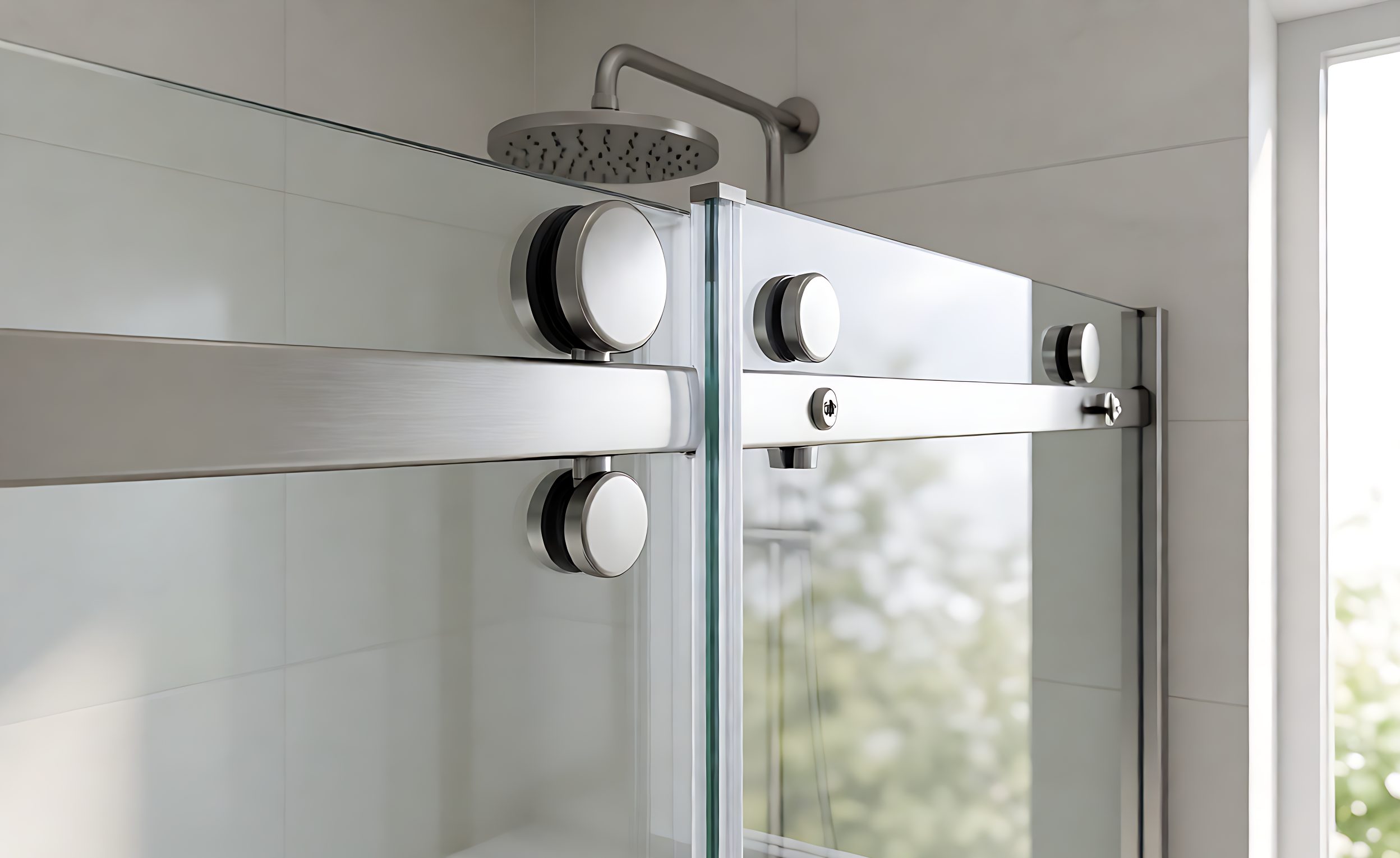 Stainless steel rollers on the top rail of a frameless sliding shower door