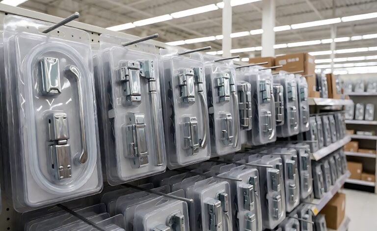 Estante de venta al por menor que muestra kits de repuestos para puertas de ducha en embalaje transparente