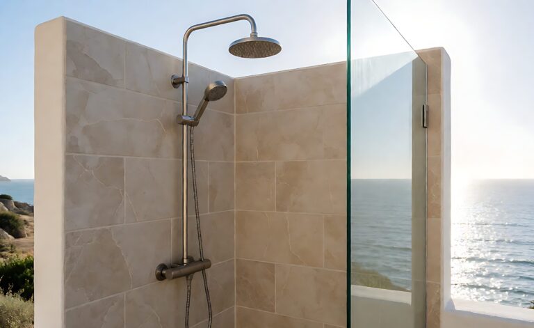 Outdoor coastal shower enclosure with metal hardware exposed to sea air