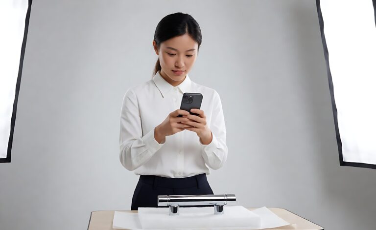Gestor de e-commerce fotografiando una bisagra de cromo para ducha en una mesa de fotografía de producto