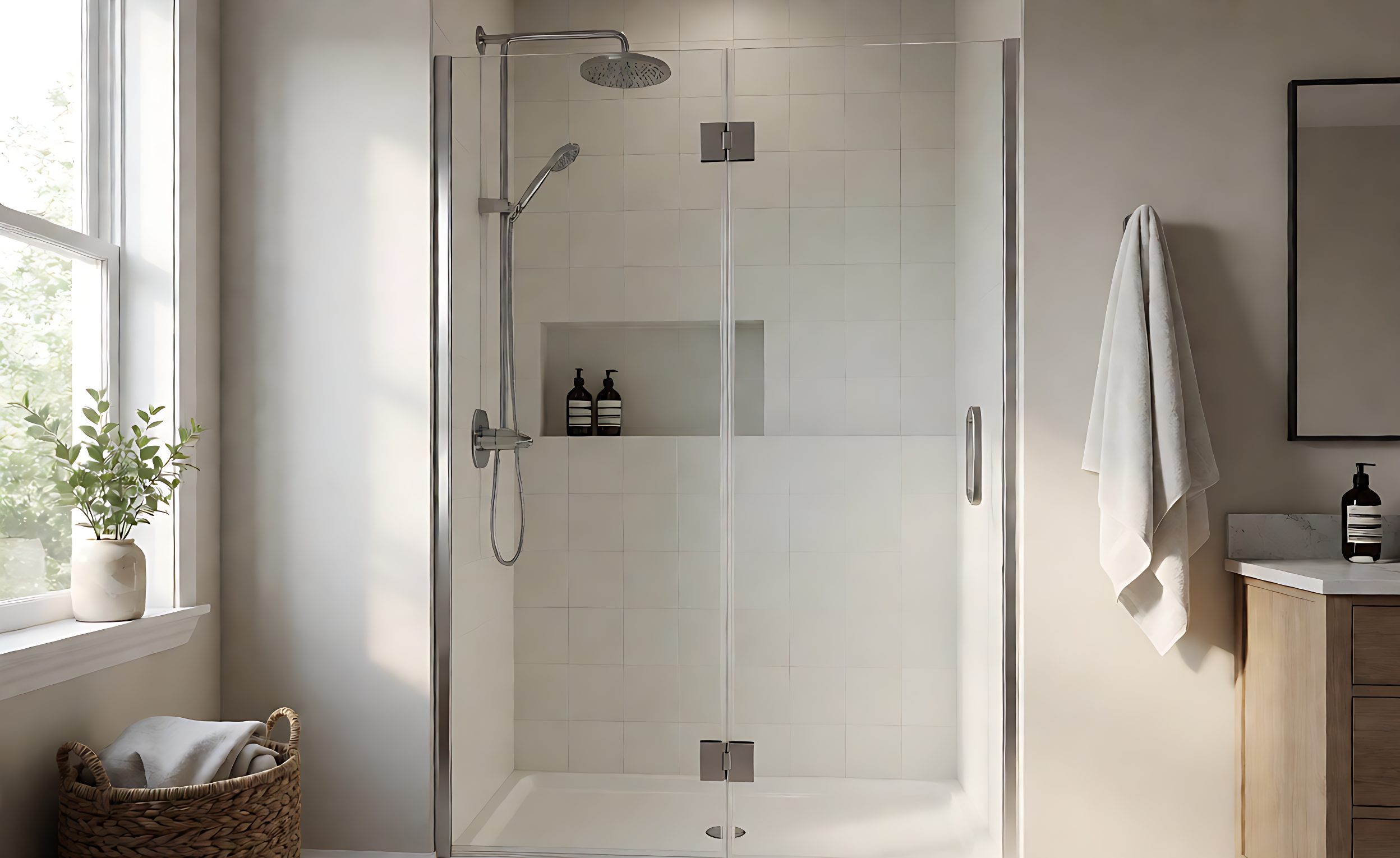 Frameless shower glass panel with polished edges and two metal hinges fitted into cutouts