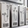 Retail ready boxes of shower hardware with printed brand packaging and barcode labels