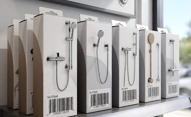 Cajas listas para venta minorista de accesorios de ducha con envasado de marca impreso y etiquetas de código de barras