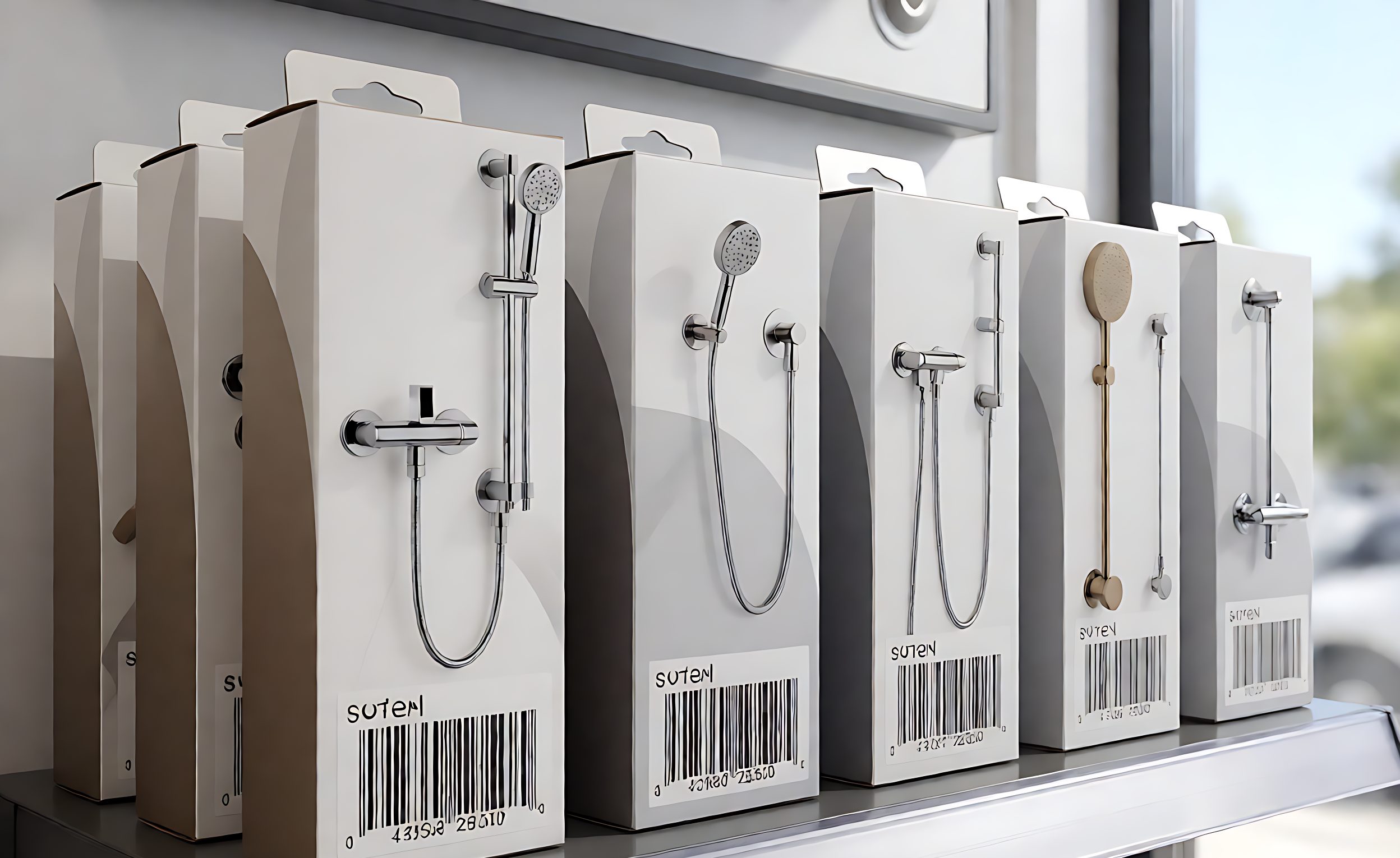 Retail ready boxes of shower hardware with printed brand packaging and barcode labels
