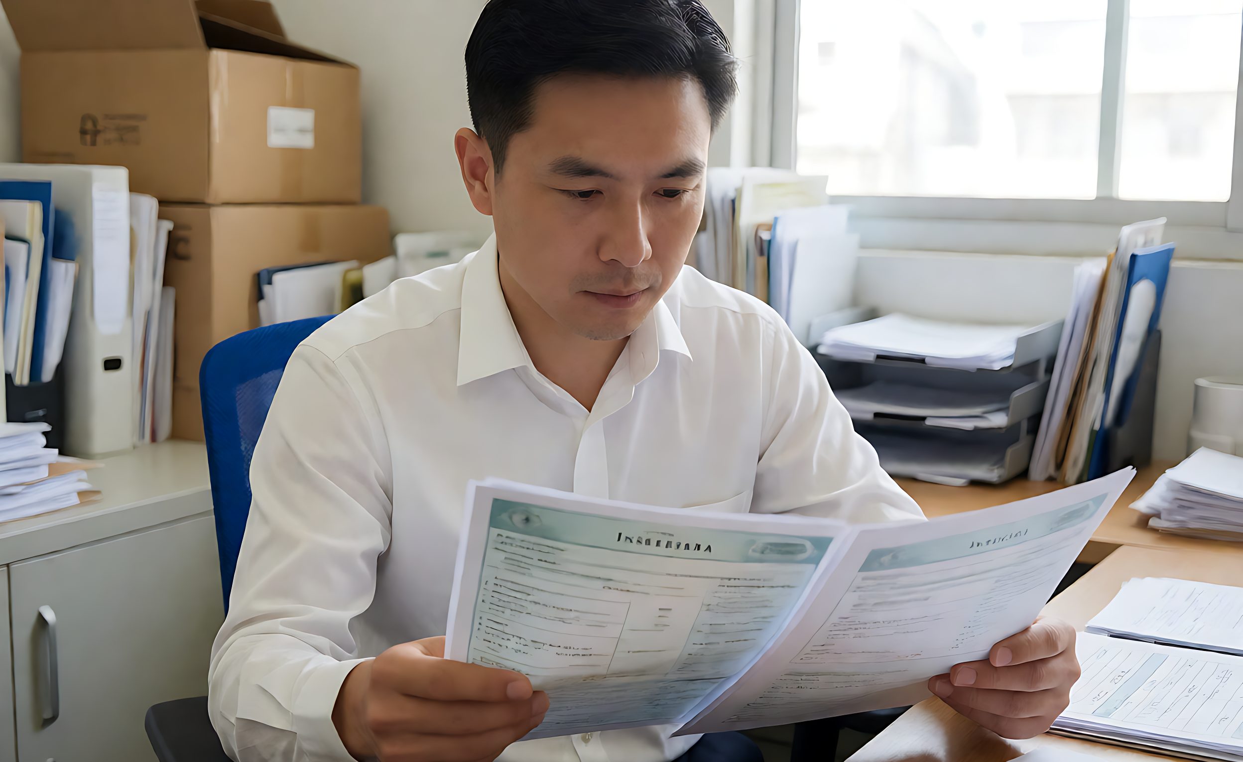 Importer reviewing insurance documents at a desk with shower hinges nearby