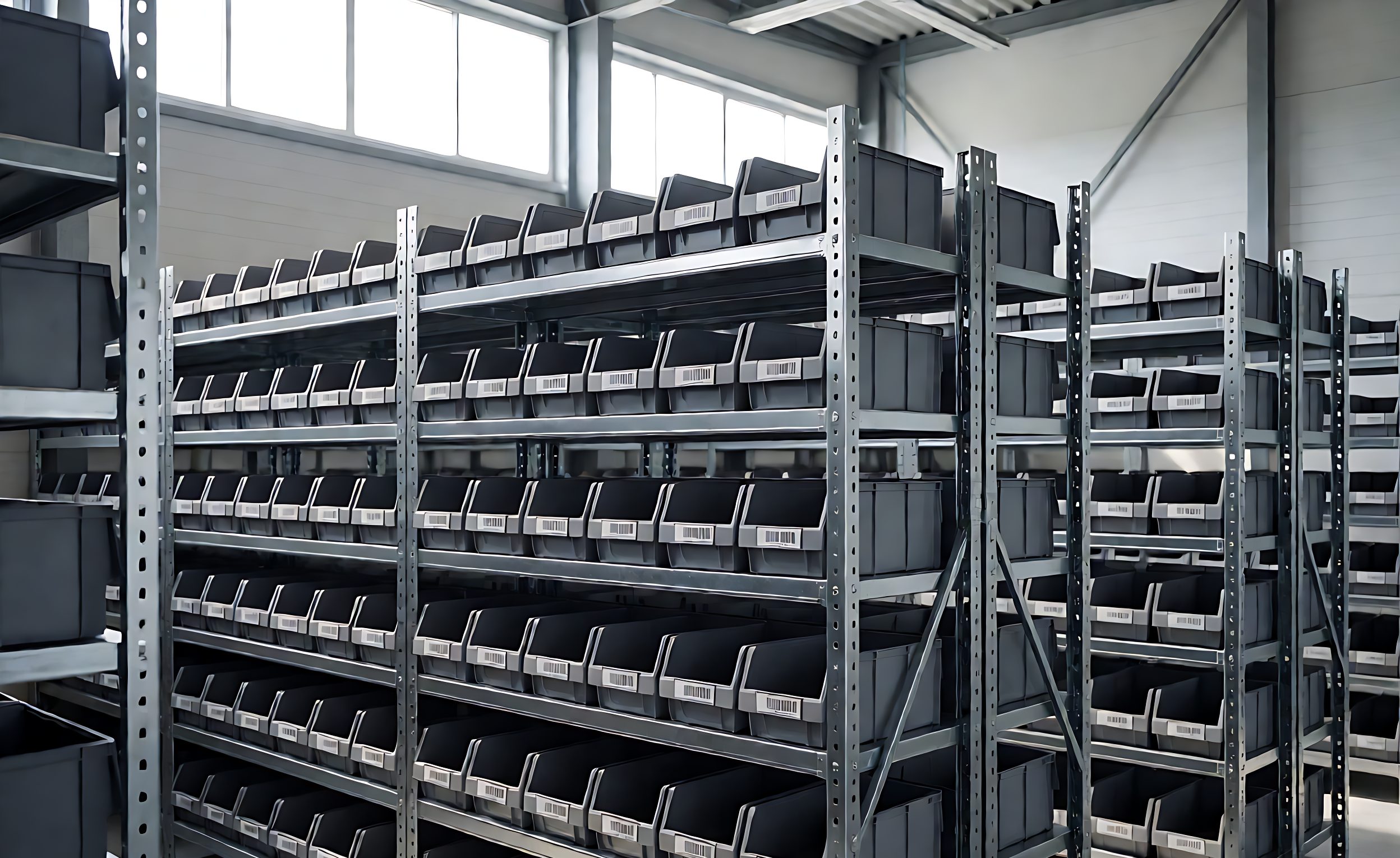 Warehouse shelf of labelled bins holding sorted shower hardware spare parts