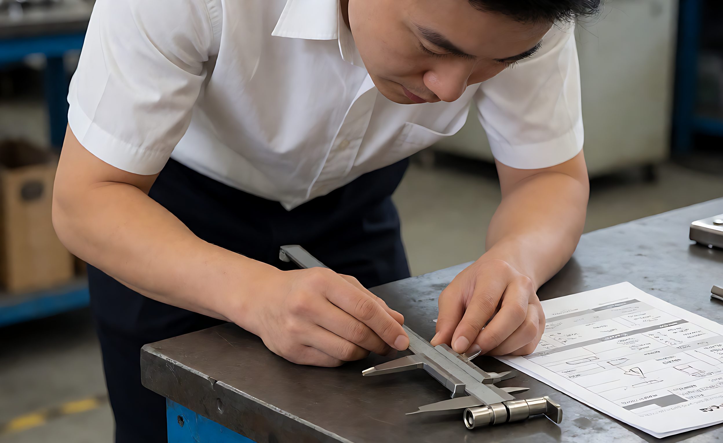 Quality inspector examining a shower hinge sample with callipers beside specification sheets