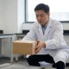 Инженер по упаковке роняет герметичную коробку с душевым оборудованием на бетонную поверхность