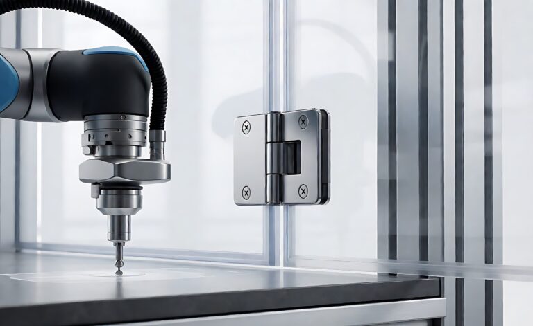 Soft close shower hinge mounted in a fatigue test rig with a counter cycling the door