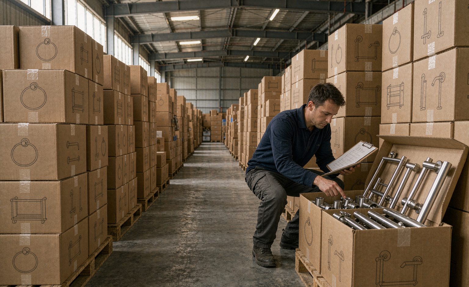 Pallets of boxed bathroom hardware in a trade warehouse aisle with a buyer checking cartons
