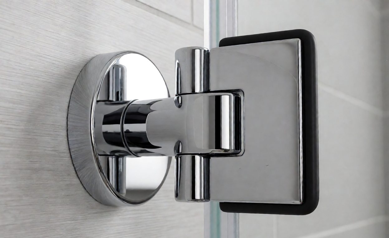 Chrome wall mount hinge fixing a glass panel to tiled wall