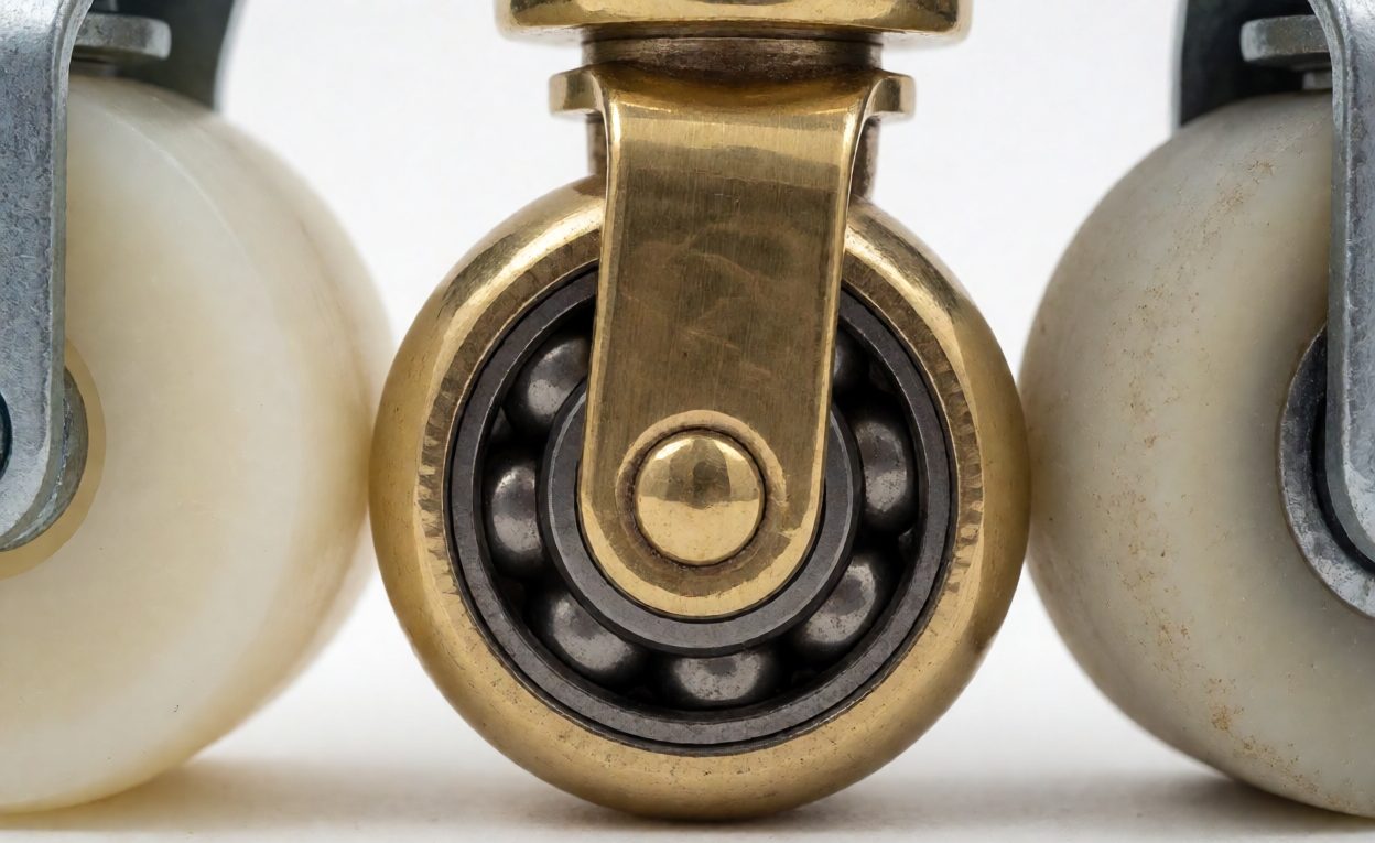 Nylon, brass bearing and worn flat roller wheels compared side by side