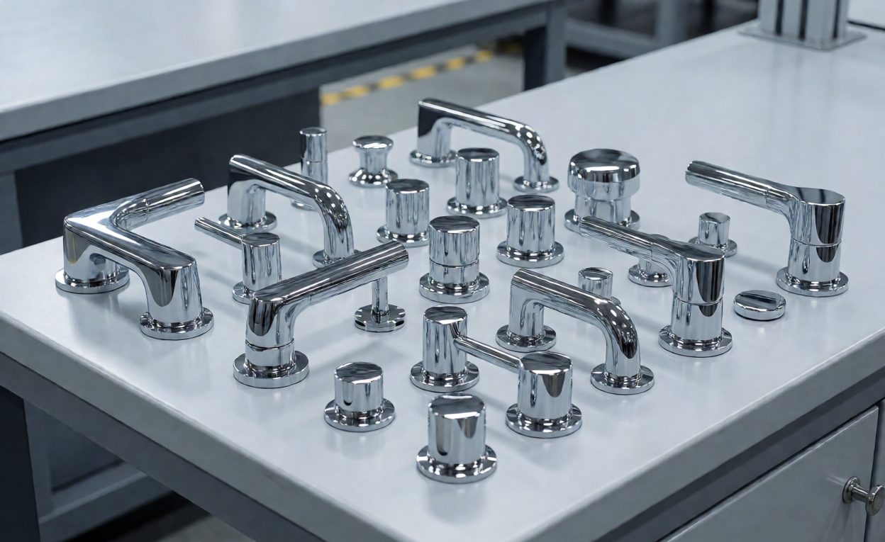 Inspection table with a batch of shower hardware parts laid out in a grid