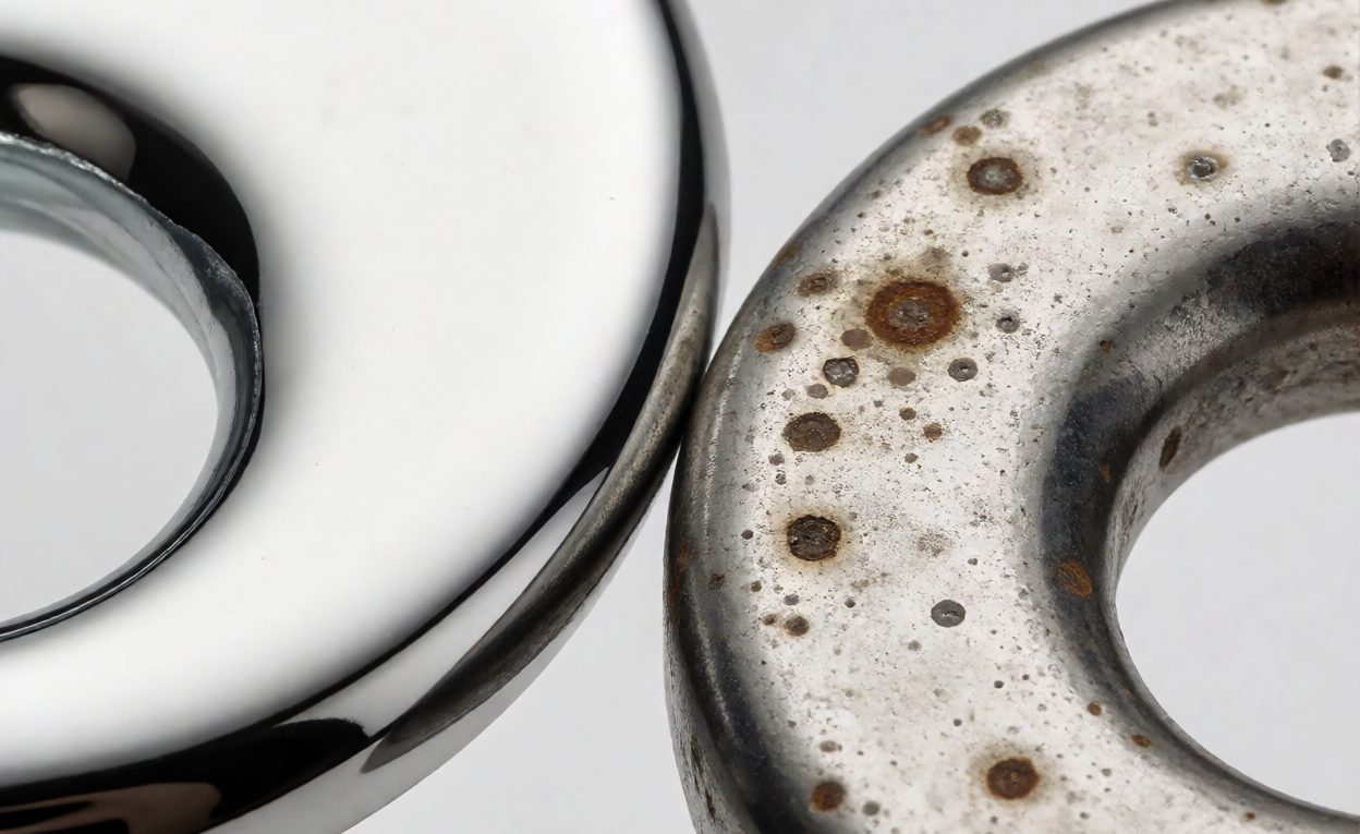 Corrosion Damage Compared With An Intact Surface Comparison of a clean metal hardware sample next to one with corrosion spotting and pitting
