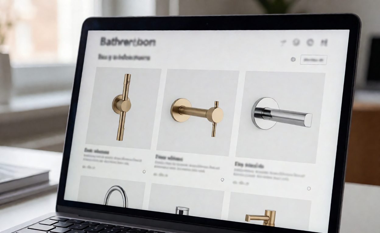 Laptop showing an online store product page layout for bathroom hardware