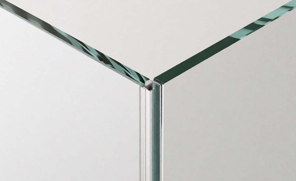 Glass-To-Glass Hinge At A Glass Corner Close-up of a glass to glass shower hinge clamping two glass panels at a corner