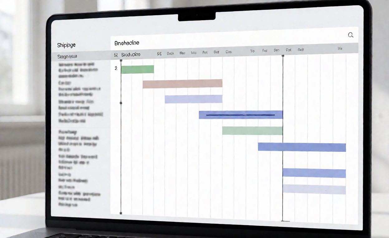 Production And Shipping Stages On A Schedule Schedule chart on a screen showing production and shipping stages