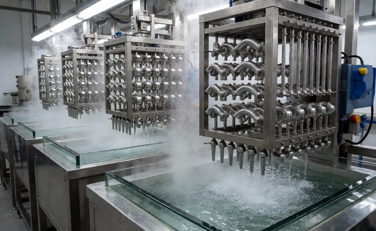 Electroplating Line In Operation Electroplating line with racks of hardware parts lowered into tanks