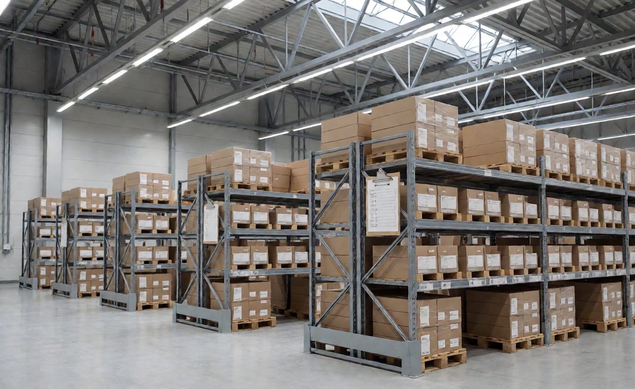 Warehouse aisle with cartons of shower hardware and a checklist on shelving