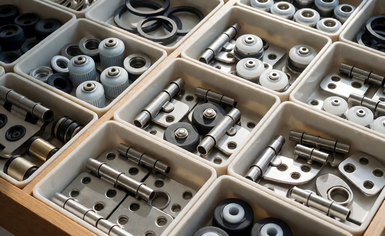 Sorted Spare Parts At A Trade Counter Spare parts counter with hinges, rollers and gaskets sorted into trays