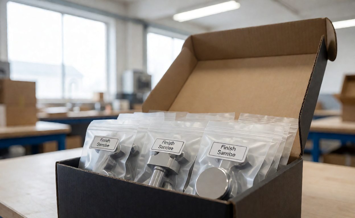 Sample Box With Labelled Hardware Parts Open sample box containing individually wrapped shower hardware parts