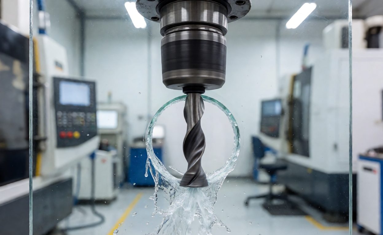 Core Drilling A Hinge Hole Before Tempering Diamond core drill cutting a hole in a glass panel with coolant