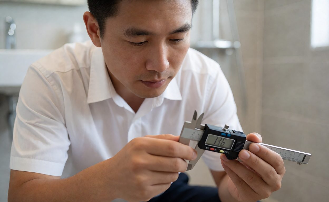 Inspector measuring a shower hinge with a digital calliper and recording results
