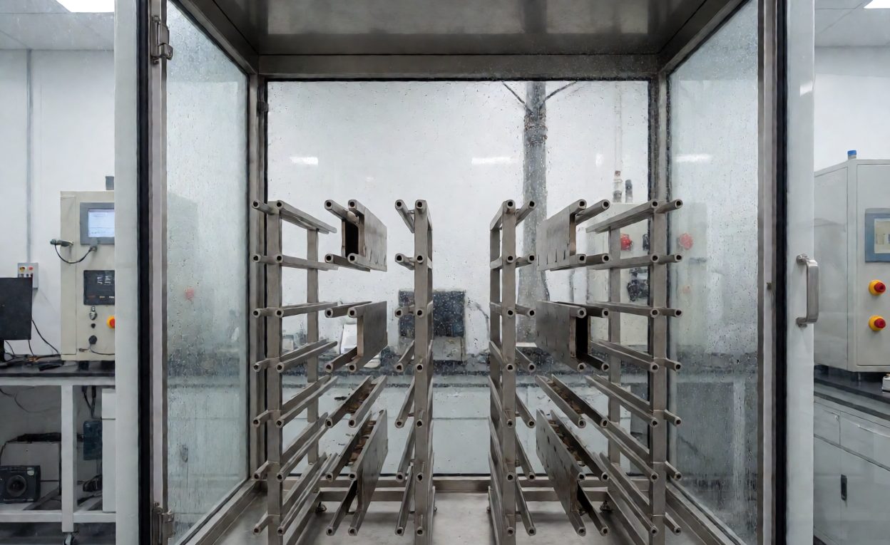 Salt Spray Testing Of Hardware Samples Salt spray test chamber with racked metal hardware samples under test
